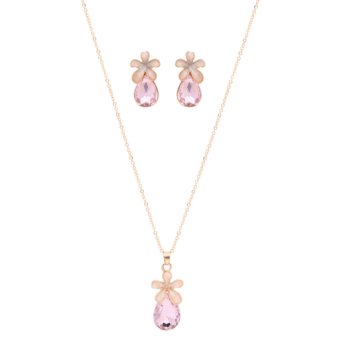 Close-up of the enamel floral charm and crystal setting on the pendant