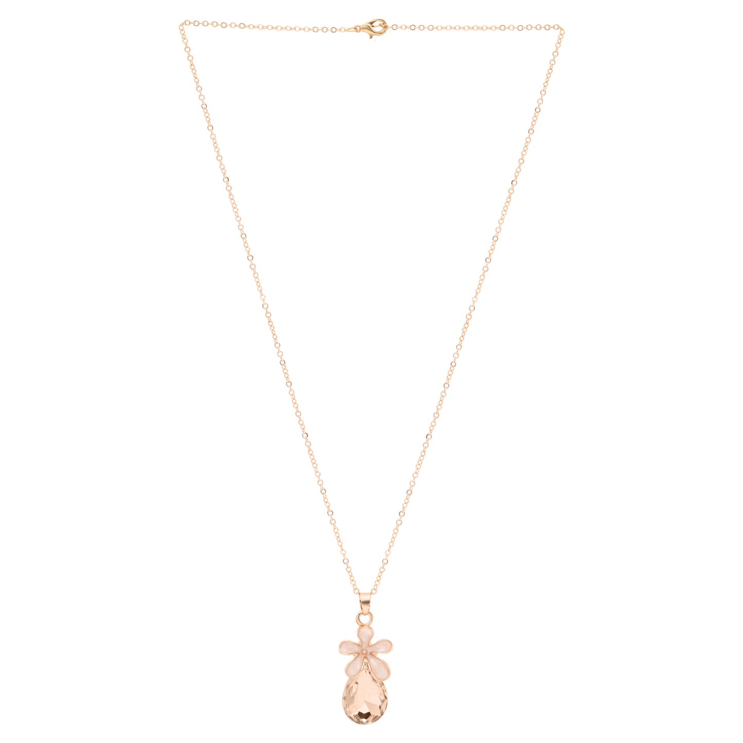 Golden crystal necklace worn, shown with matching drop earrings