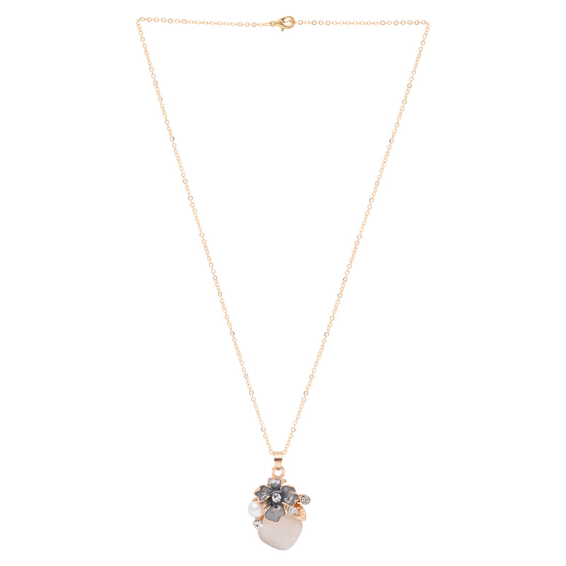 Smoky pearl necklace worn, shown with matching drop earrings