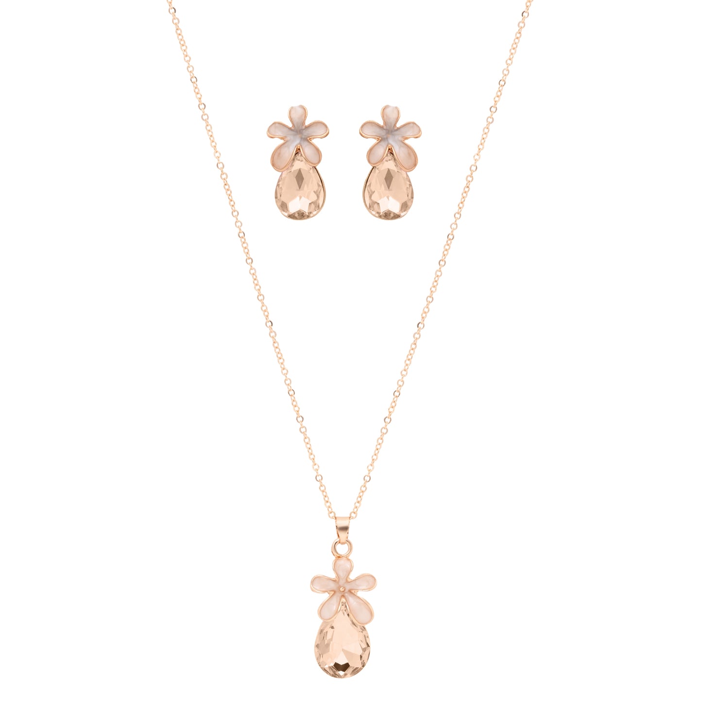 Close-up of the enamel floral charm and crystal setting on the pendant