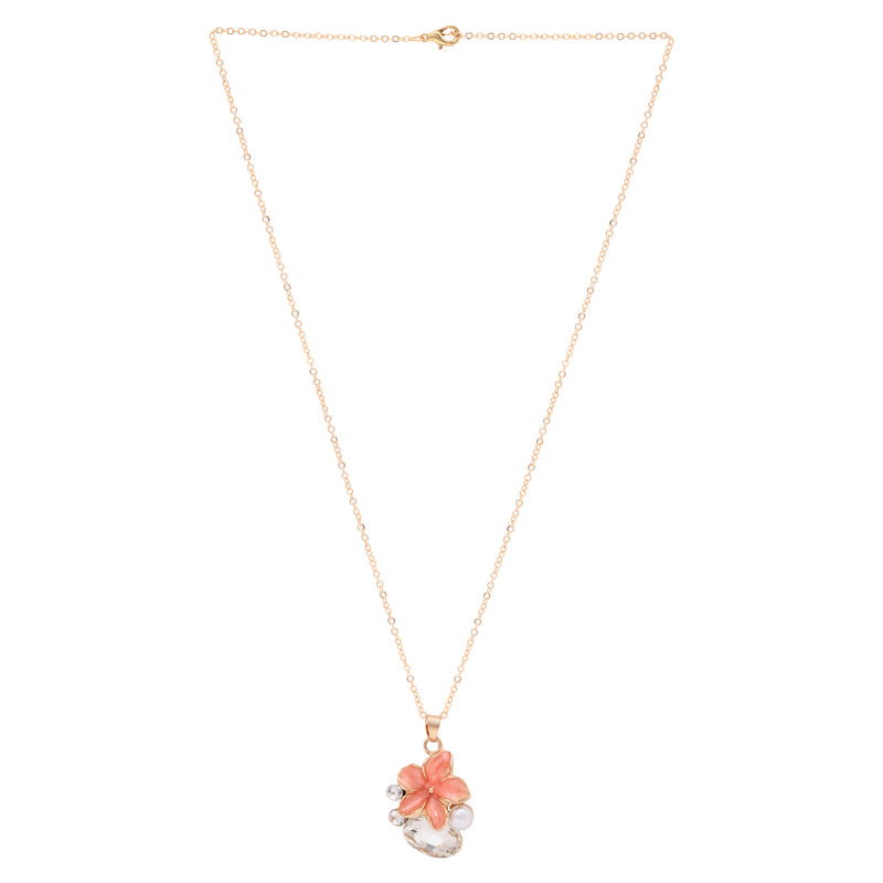 Peach crystal necklace worn, shown with matching drop earrings