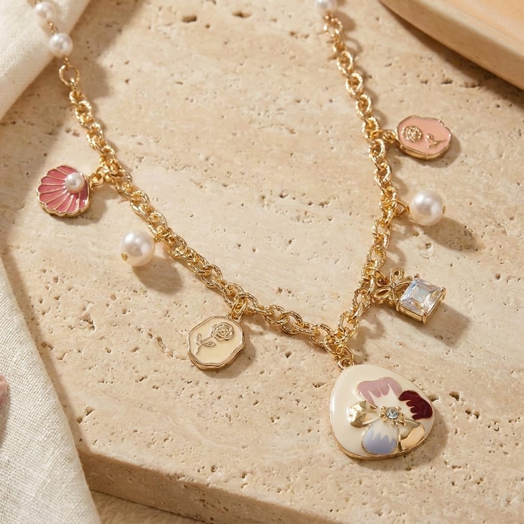 Floral multi-charm necklace on a chain, laid flat