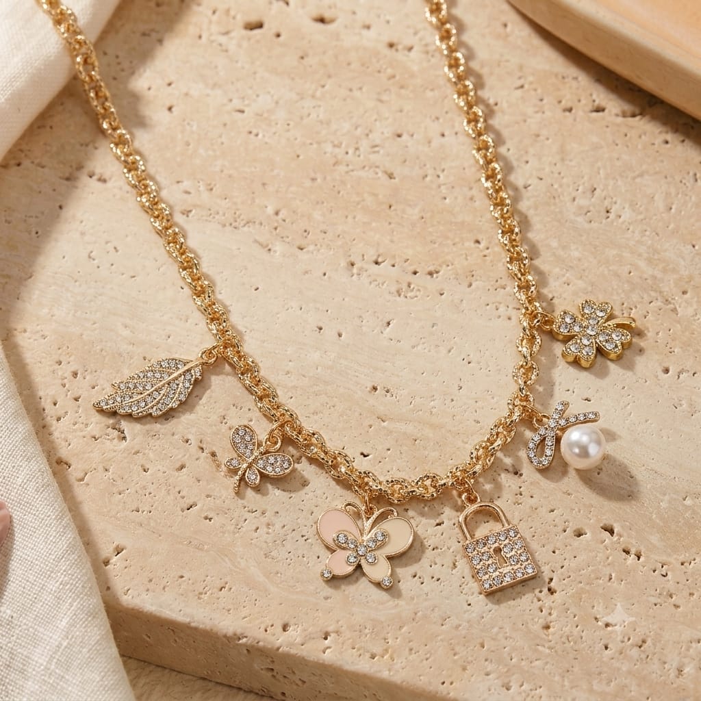 Diamond Stone multi-charm necklace on a chain, laid flat