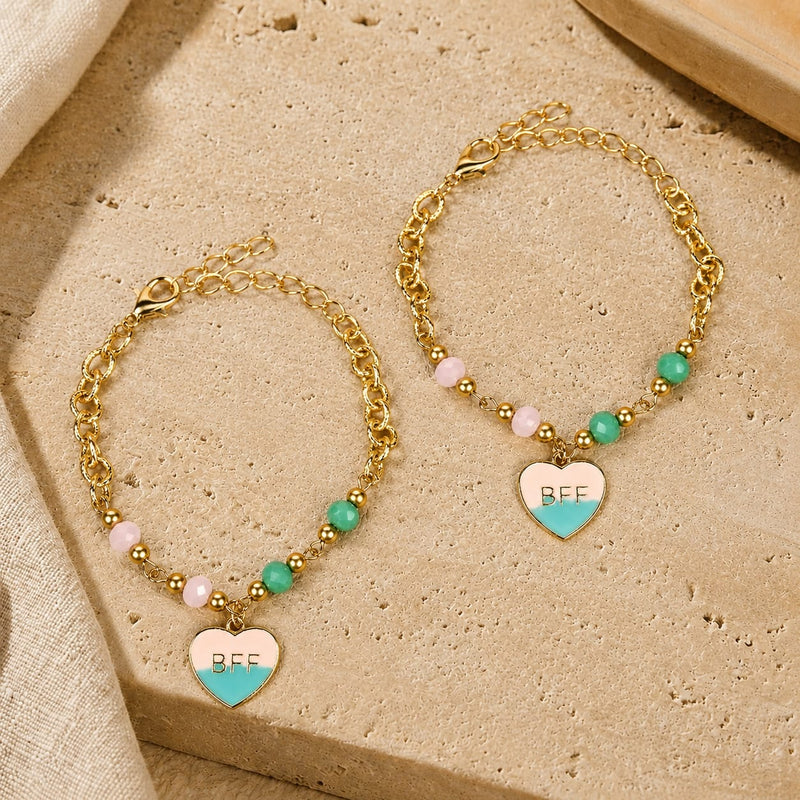 Gold beaded BFF charm friendship bracelet set of 2, laid flat