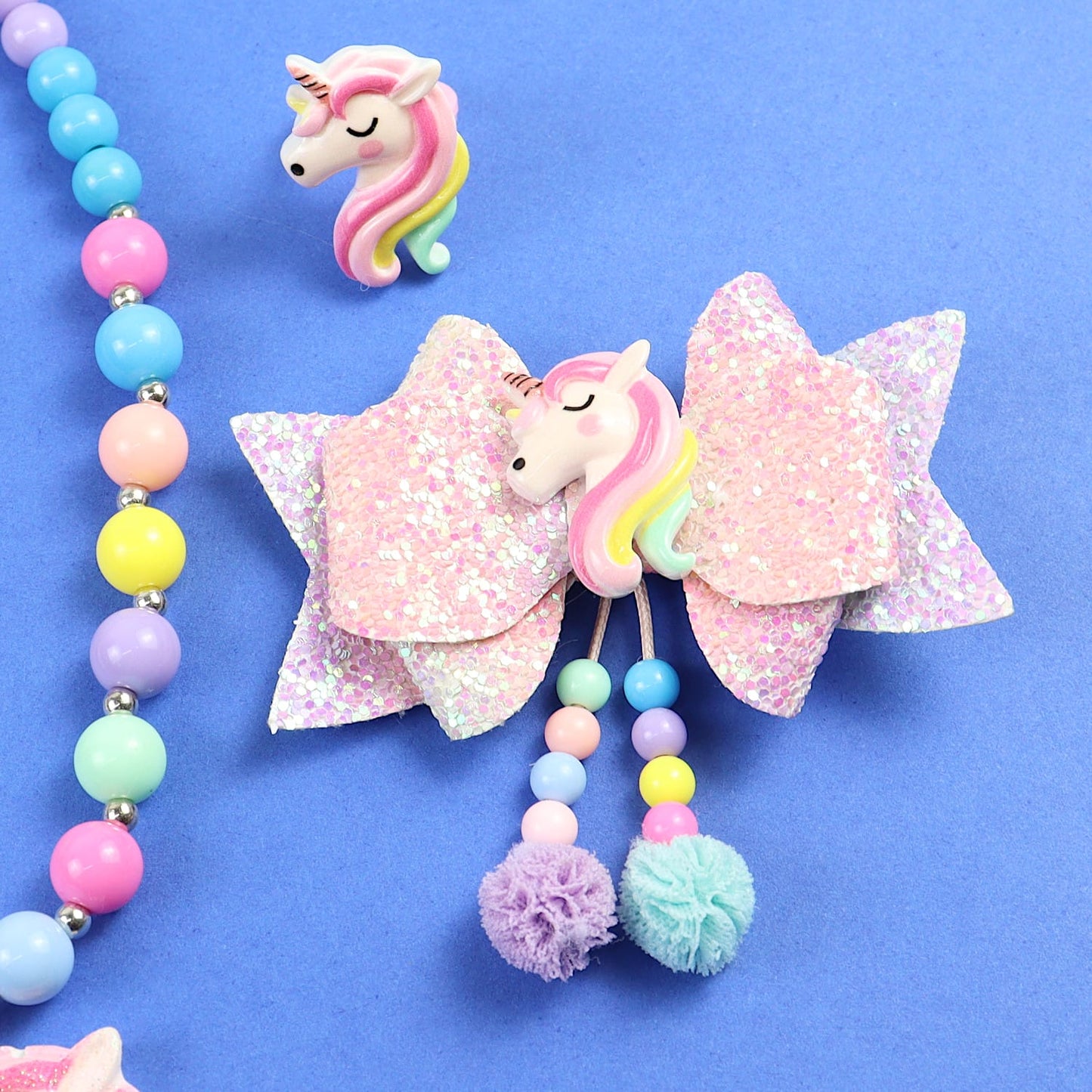 Unicorn Beaded Necklace Bracelet Finger Ring Hair Clip Jewellery Set
