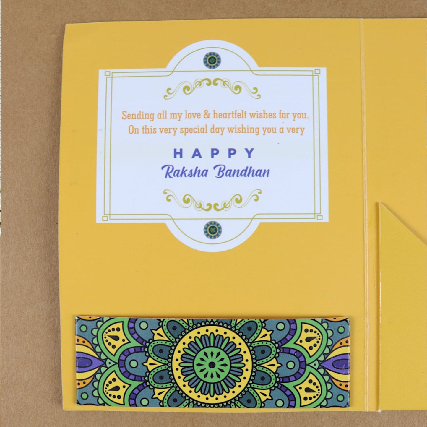 Meena Kundan Stone Rakhi in Greeting Card with Roli Chawal