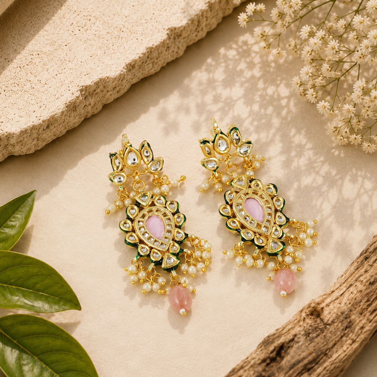 Kundan Earrings with Pink Stone and Green Enamel