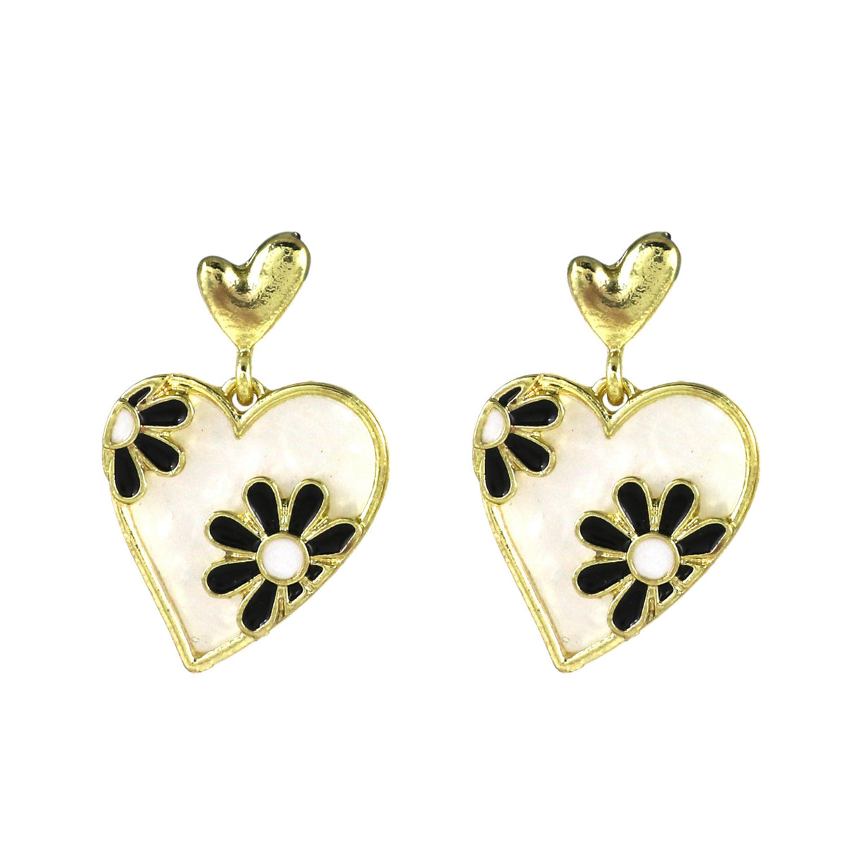 Gold Heart Dangle Earrings with Enamel Floral
