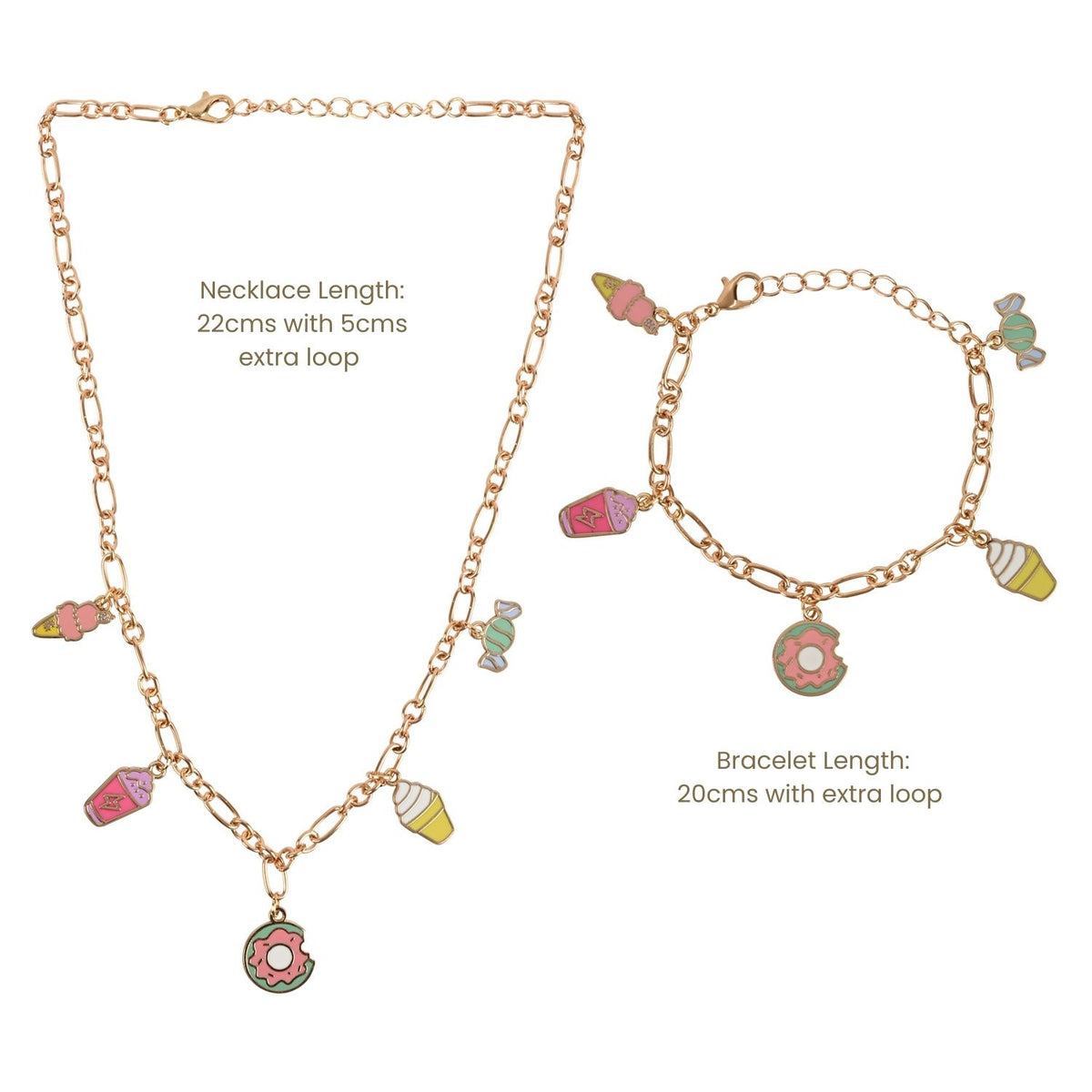 A gold-tone necklace and matching bracelet set with colorful ice cream and donut charms, shown on a white background with printed length details.