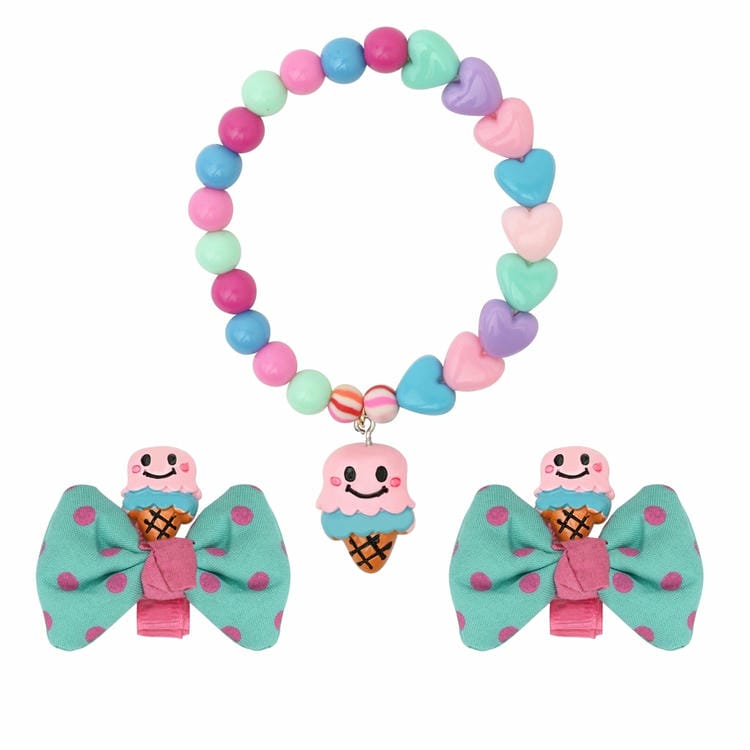 Set of 2 Smiling Ice-Cream Hair Clips with Beaded Bracelet Combo