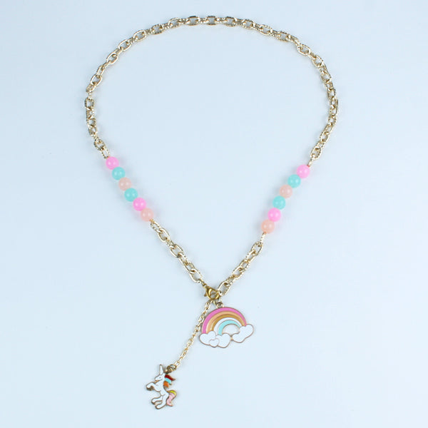 Unicorn Pink Rainbow Charm Chain Necklace for Girls