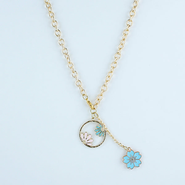 Floral Blue & Pink Charm Chain Necklace for Girls