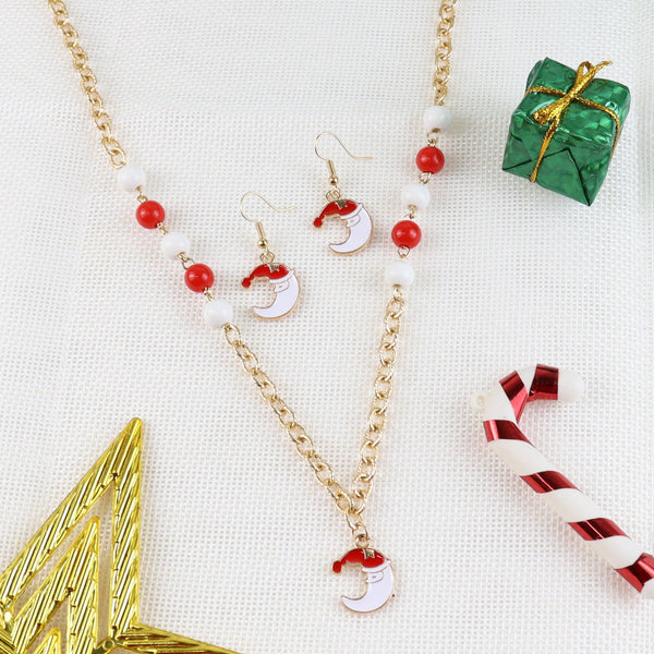 Christmas Santa Moon Necklace Earrings Set - Red & White