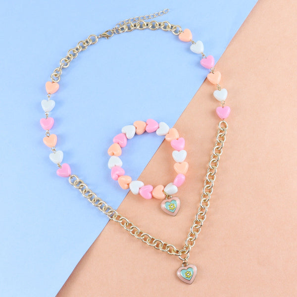Heart Charm Bracelet & Necklace Set - Pink