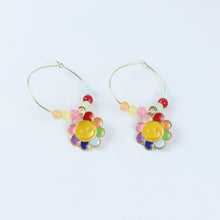 Load image into Gallery viewer, ac23-042-floral-smiley-charms-hoop-earrings-yellow
