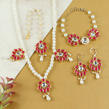 Load image into Gallery viewer, Floral Kundan Stone Jewellery Set for Girls Red
