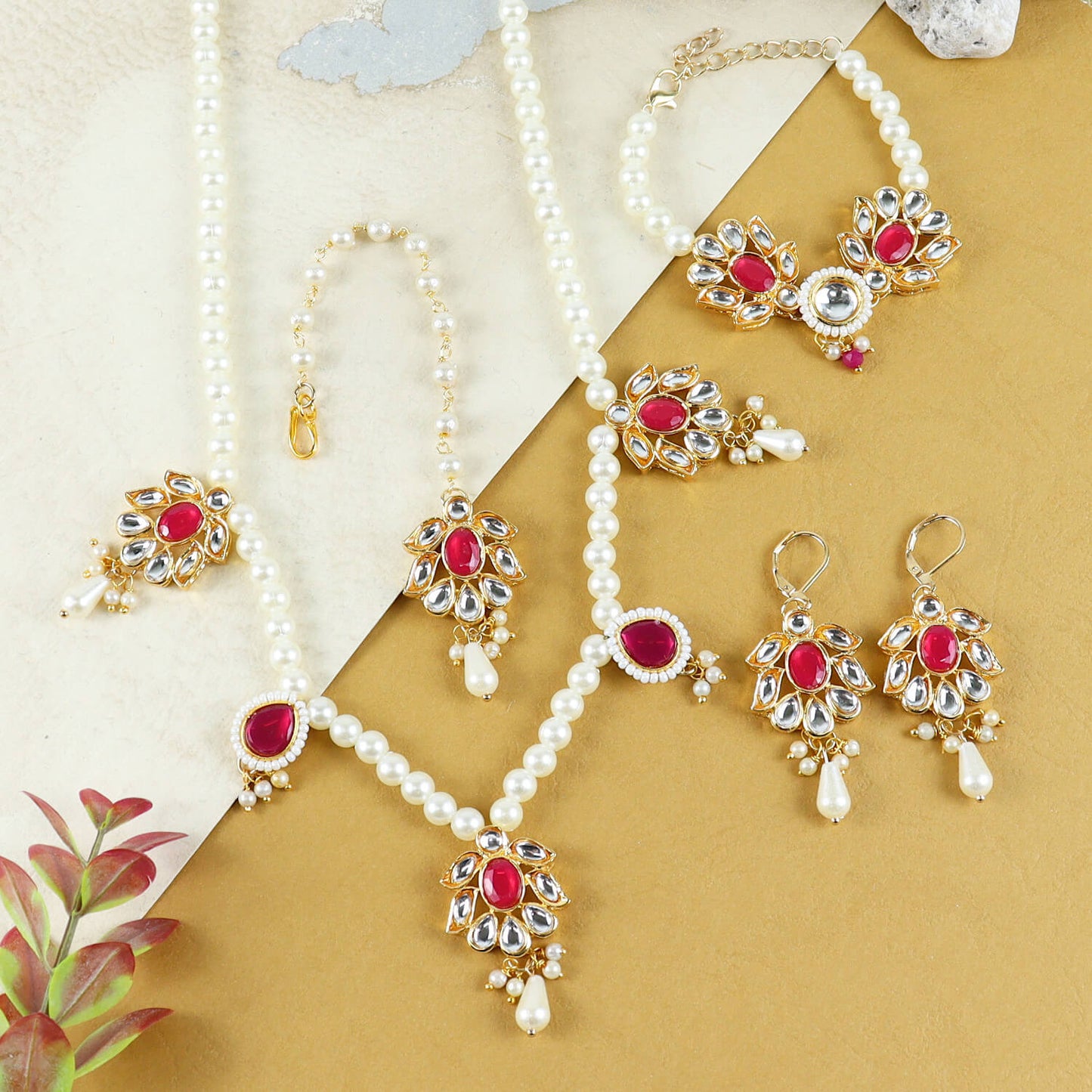 Floral Kundan Stone Jewellery Set for Girls Red