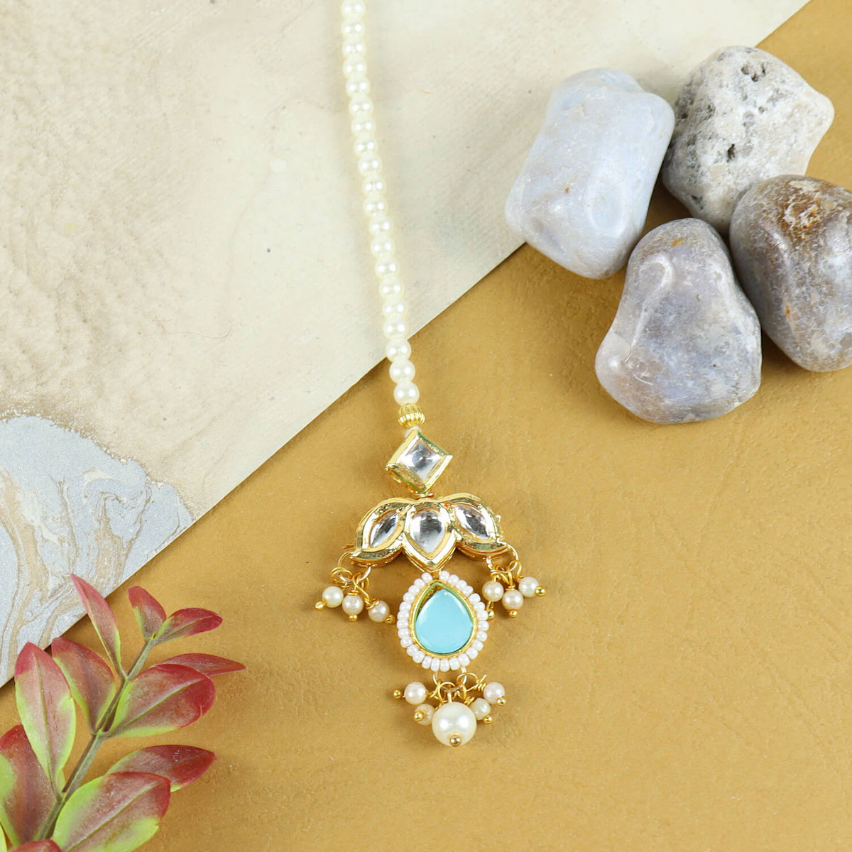 Kundan Studded Handcrafted Maang Tikka for Girls Blue