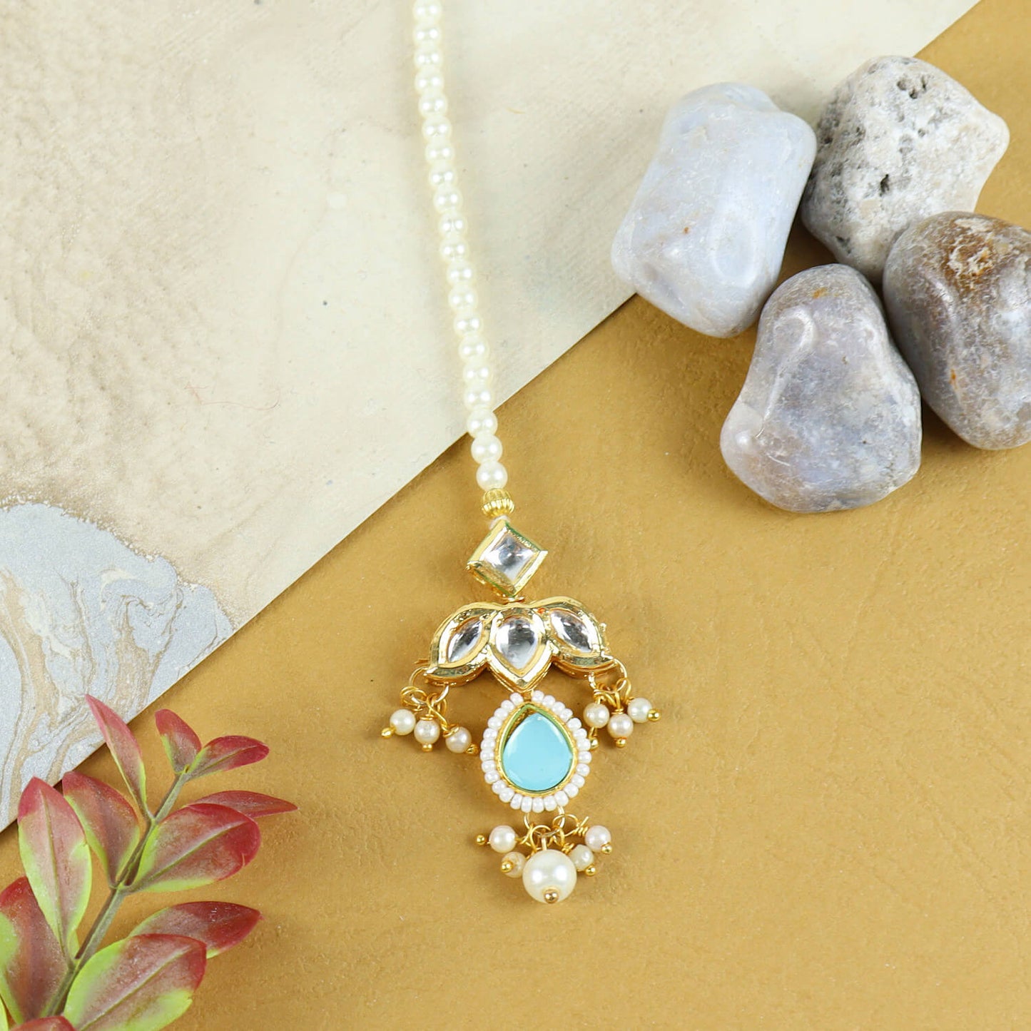 Kundan Studded Handcrafted Maang Tikka for Girls Blue