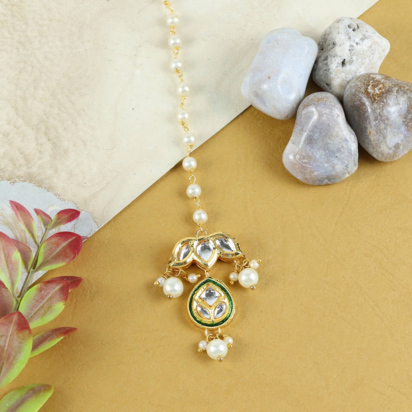 Kundan Studded Handcrafted Maang Tikka for Girls Gold