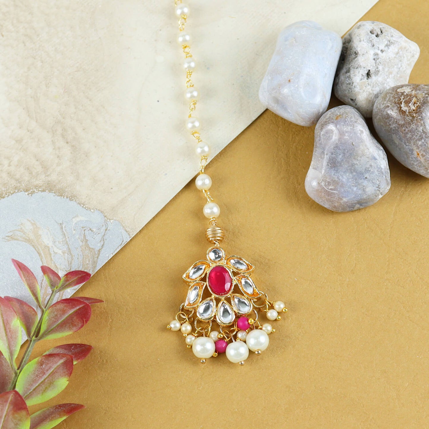 Kundan Studded Handcrafted Maang Tikka for Girls Red