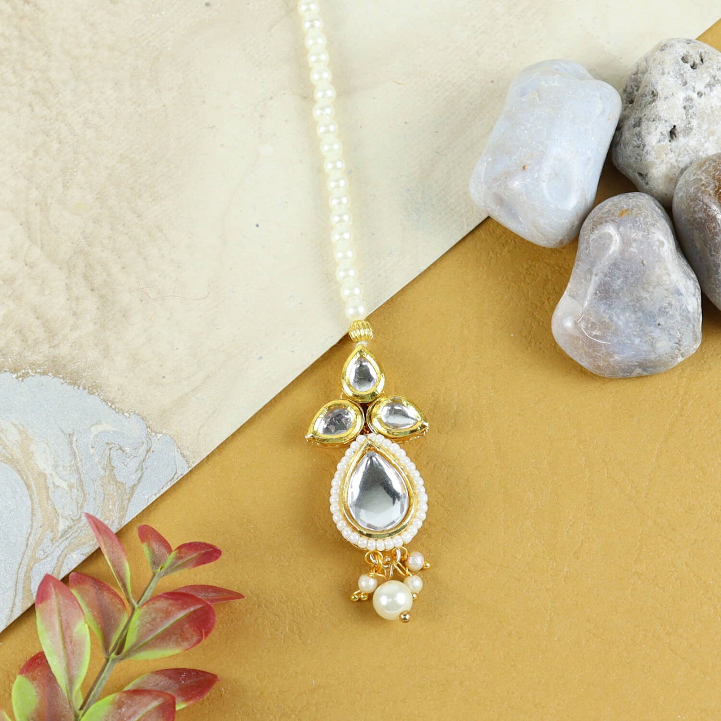 Kundan Studded Handcrafted Maang Tikka for Girls White
