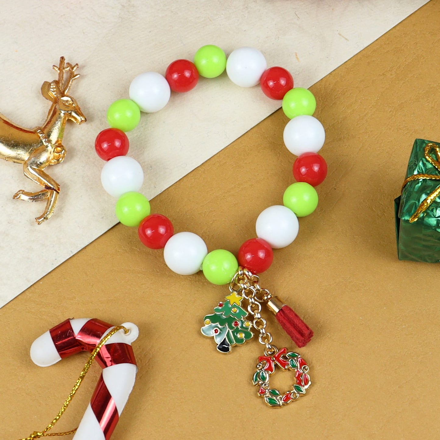 Christmas Charms Beaded Bracelet Red::Green::White
