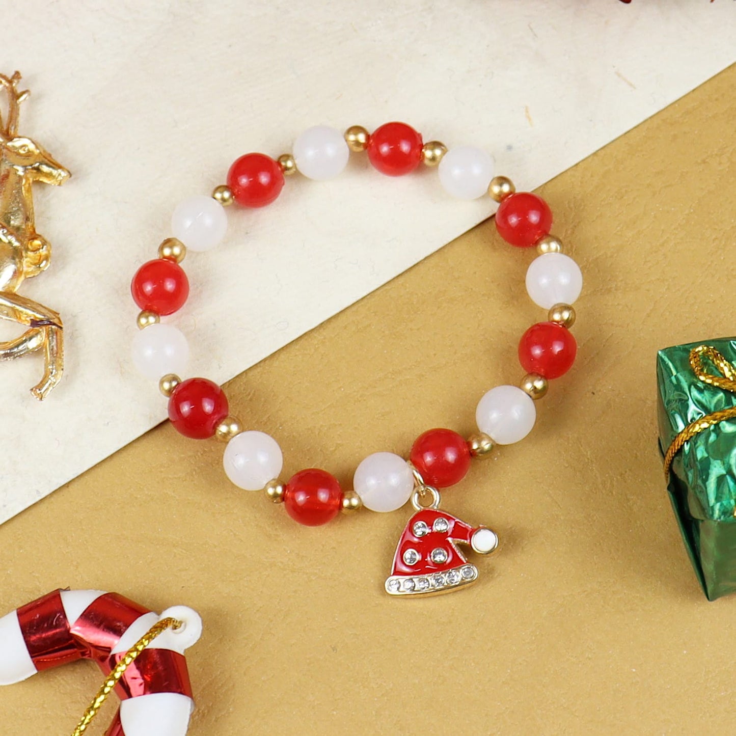 Christmas Cap Charm Beaded Bracelet Red::White