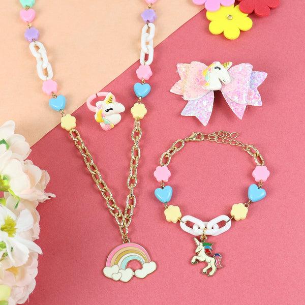 Rainbow Unicorn Heart Charms Jewellery Set - Pink & Blue