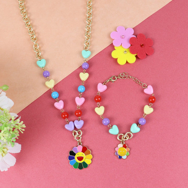 Floral Smiley Charm Necklace & Bracelet Set - Blue & Pink