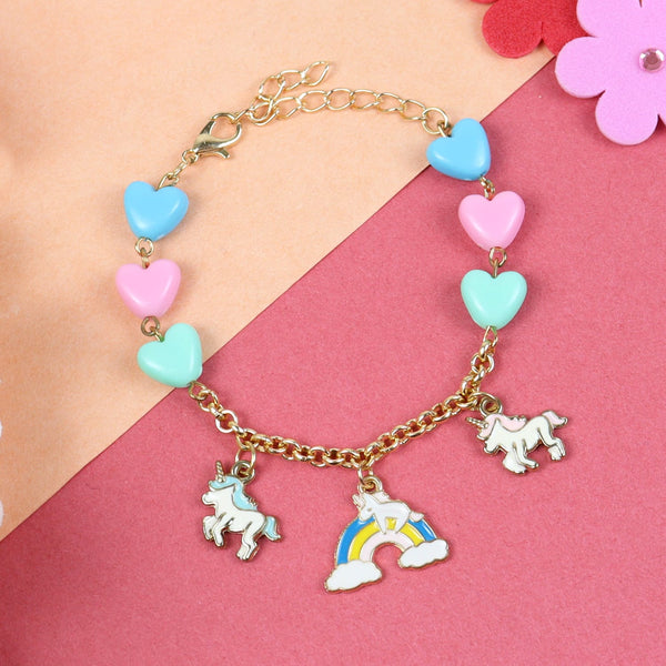 Unicorn Rainbow Hearts Multi-Charms Chain Bracelet - Pink & Blue