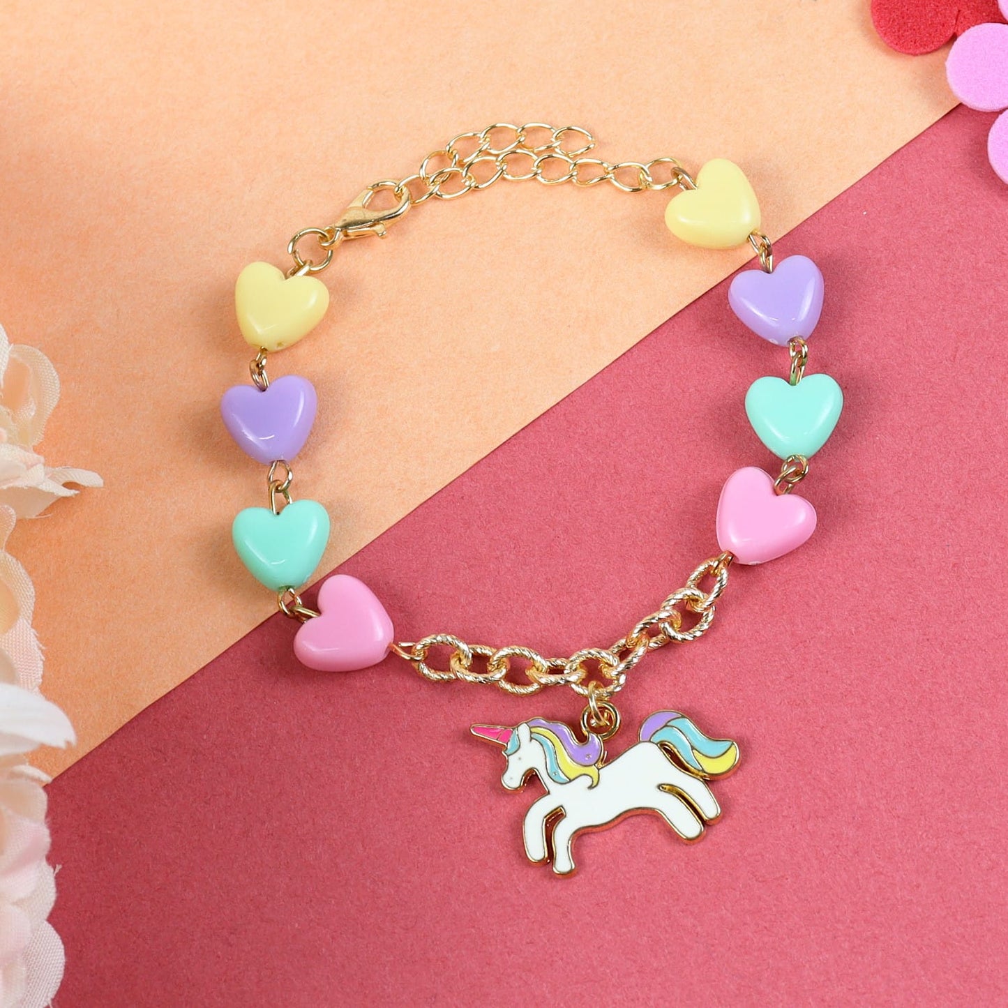 Unicorn Heart Charms Chain Bracelet - Pink, Blue, Green, Yellow
