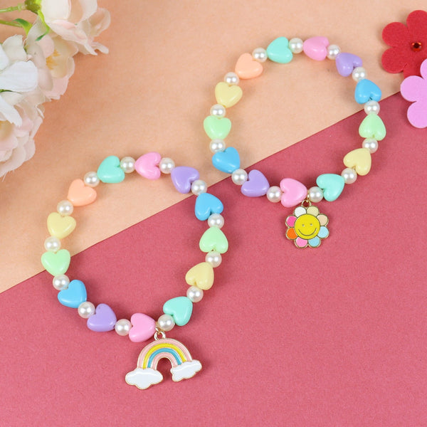 Rainbow Floral Charms Beaded Bracelets - Set of 2 - Pink & Purple