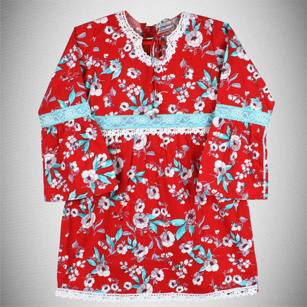 Red Floral Print Kurta with Blue Lace