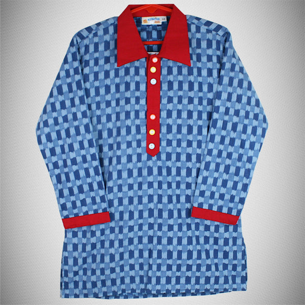 Blue Chequered Print Kurta with Colourful Buttons