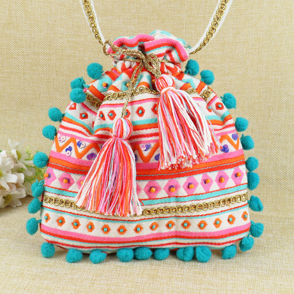 Embellished Fabric Tasselled Potli with Sling - Green