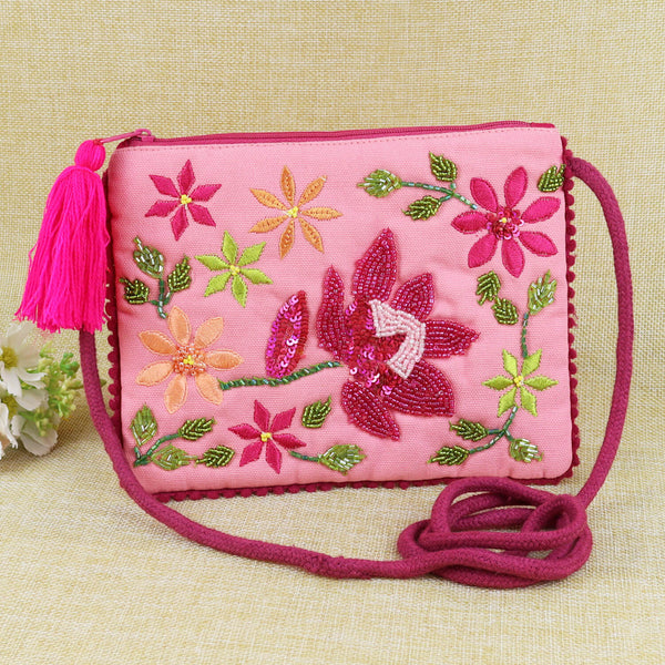 Embroidered Fabric Tasselled Sling Bag for Girls - Pink