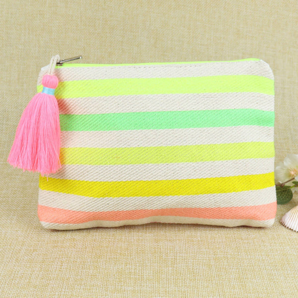 Fabric Tasselled Pouch - Colourful Stripes