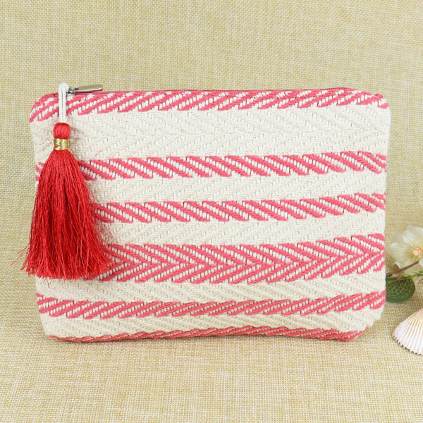 Fabric Tasselled Pouch - Red Stripes