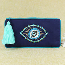 Load image into Gallery viewer, Embroidered Evil Eye Tasselled Pouch - Blue
