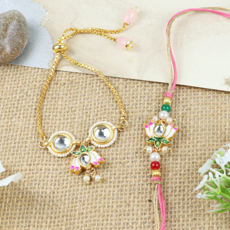Meenakari Kundan Stone Beaded Bracelet with Rakhi Bhaiya Bhabhi Rakhi Pair