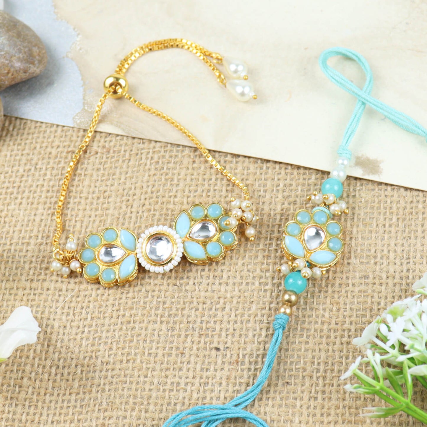 Kundan Stone Beaded Bracelet with Rakhi Bhaiya Bhabhi Rakhi Pair