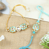 Kundan Stone Beaded Bracelet with Rakhi Bhaiya Bhabhi Rakhi Pair