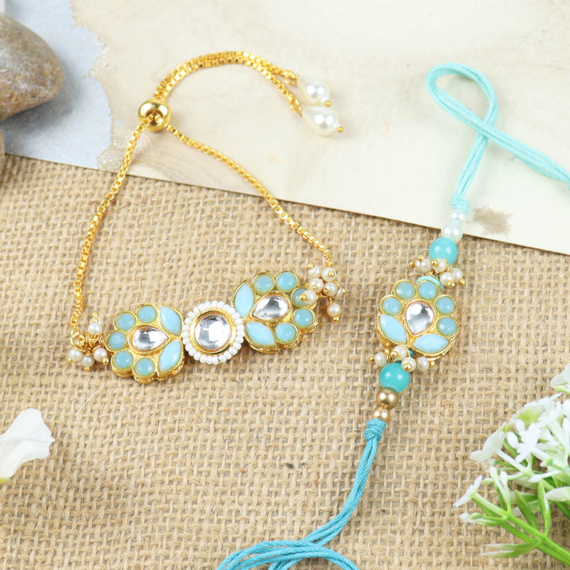 Kundan Stone Beaded Bracelet with Rakhi Bhaiya Bhabhi Rakhi Pair