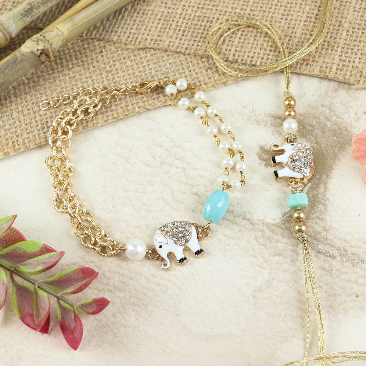 Diamond Stone Elephant Charm Bhaiya Bhabhi Rakhi & Bracelet Set