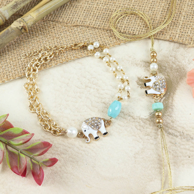 Diamond Stone Elephant Charm Bhaiya Bhabhi Rakhi & Bracelet Set