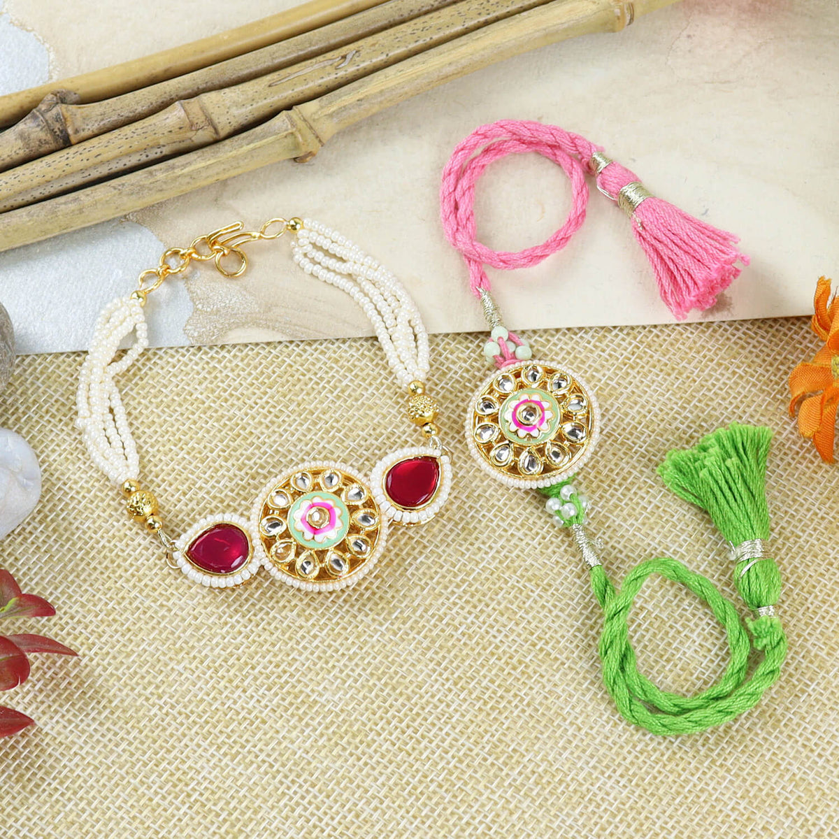 Meena Kundan Stone Bhaiya Bhabhi Rakhi & Bracelet Set - Green & Pink