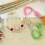 Meena Kundan Stone Bhaiya Bhabhi Rakhi & Bracelet Set - Green & Pink