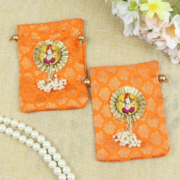 Fabric Coin Ginni Pouch - Ganesha -Set of 2 - Orange