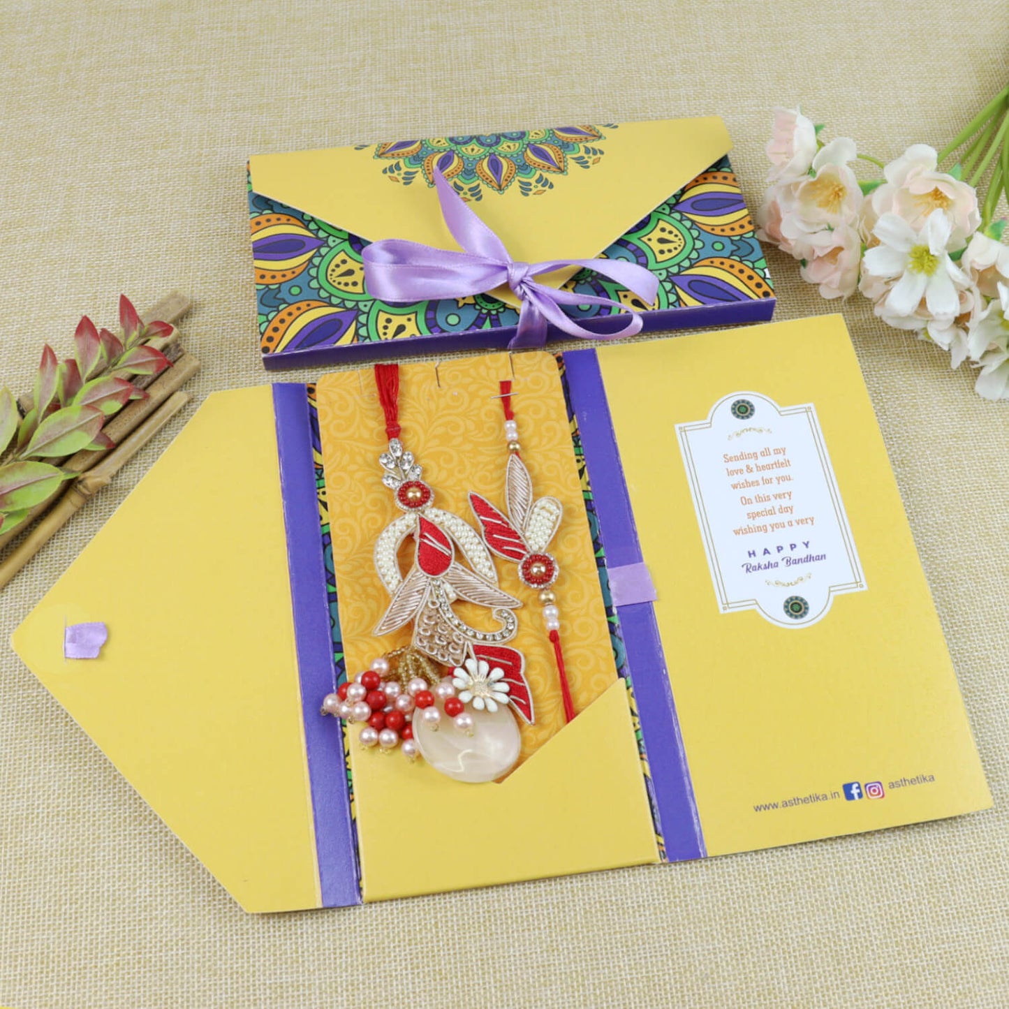 Embroidered Butti Bhaiya Bhabhi Rakhi Set in Fancy Raksha Bandhan Envelope